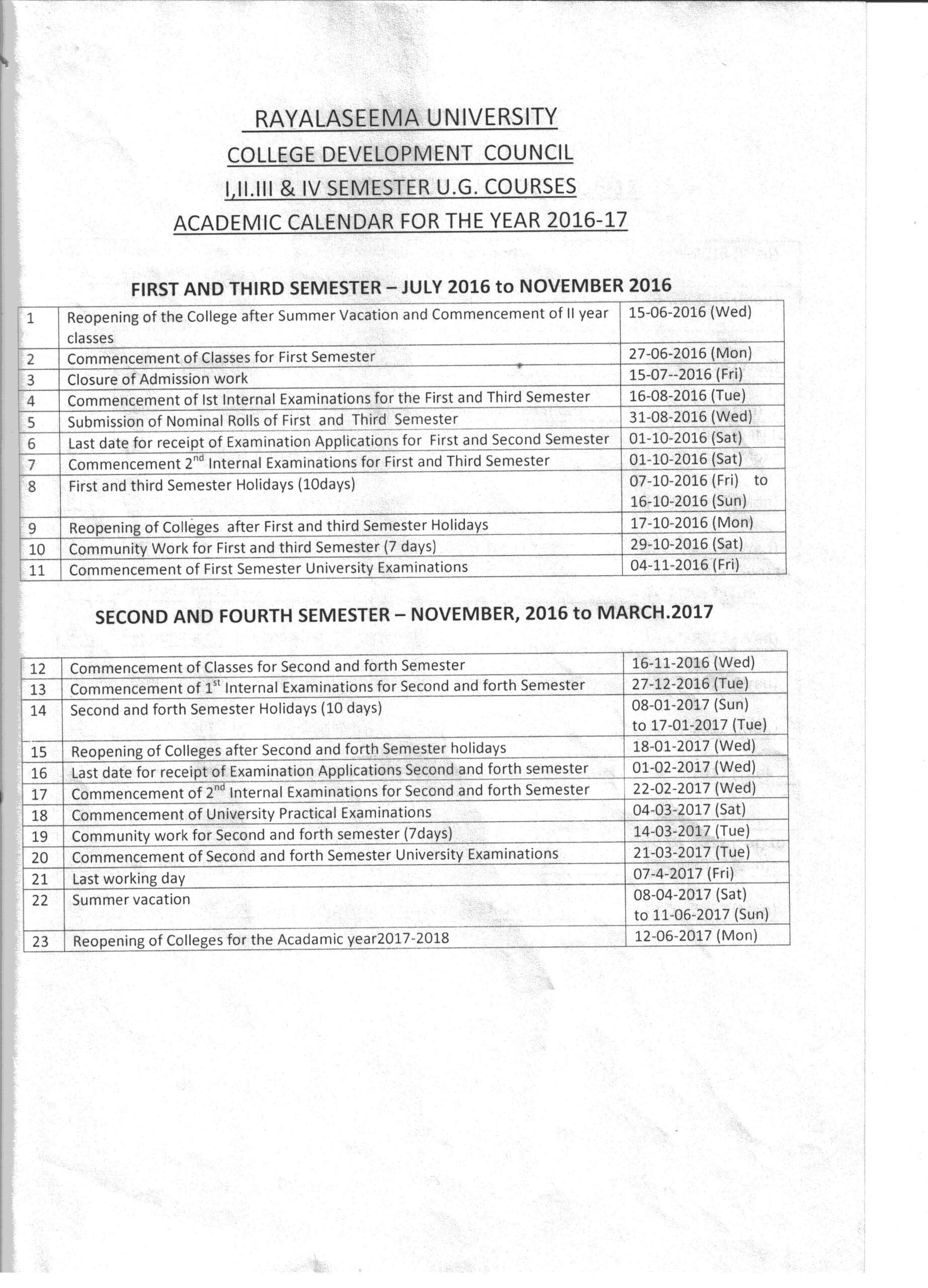 Academic Calendars Government Degree College , Nandikotkur